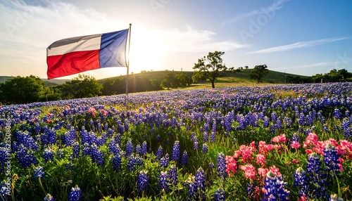 Texas Flag Waving Over Bluebonnet and Wildflower Field at Sunset