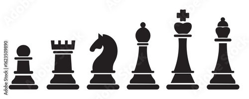 Illustration of six chess pieces ,Chess silhouettes vector icons. Chess icons set. Chess black flat icons. King, Queen, rook, knight, bishop, pawn. Vector . Chessboard game.