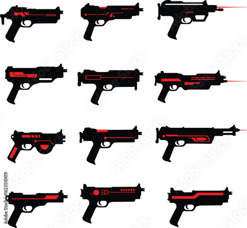 Laser Gun and Sci-Fi Weapon Vector Illustration Set. A futuristic collection of blaster and plasma gun designs for video game and concept art.