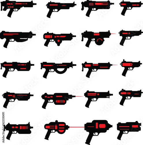 Laser Gun and Sci-Fi Weapon Vector Illustration Set. A futuristic collection of blaster and plasma gun designs for video game and concept art.