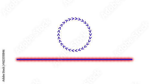 A digital rendering of a red and blue line with a circle of arrows above on a transparent background png