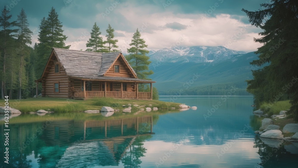 Naklejka premium A rustic log cabin by a tranquil lake surrounded by trees and mountains.