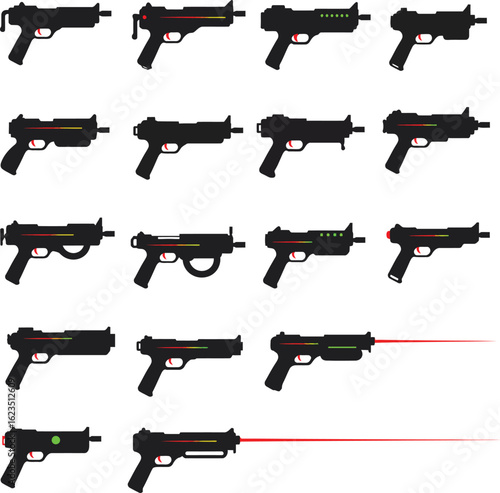 Laser Gun and Sci-Fi Weapon Vector Illustration Set. A futuristic collection of blaster and plasma gun designs for video game and concept art.