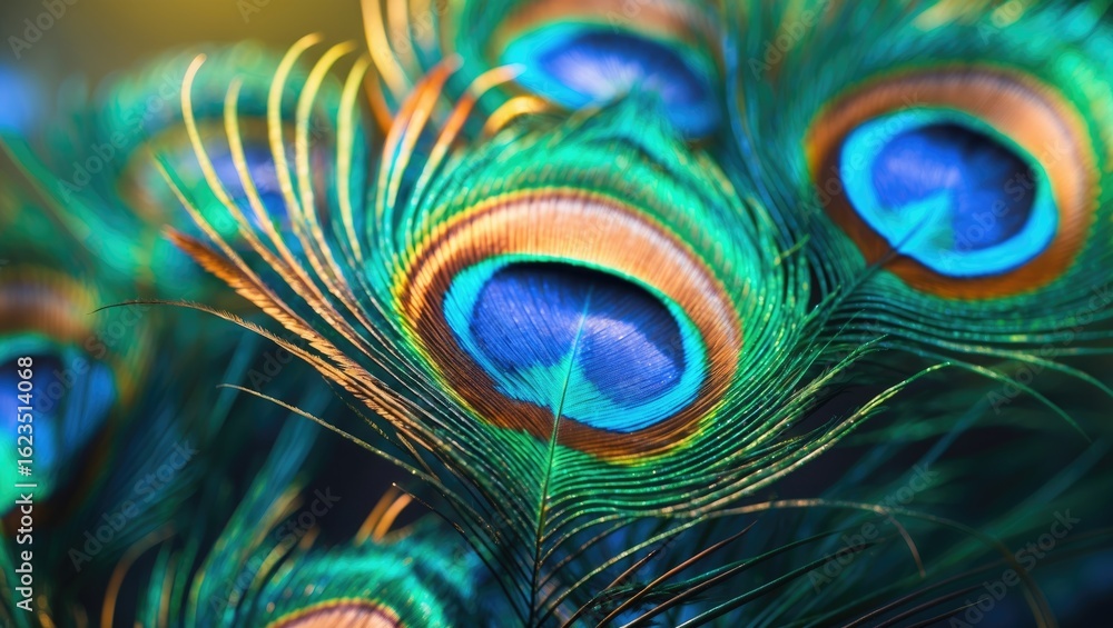 Fototapeta premium Vibrant peacock feathers with eye-like patterns and vivid colors. Nature, plumage, beauty, and intricate details. The natural design of peacock tail feathers.