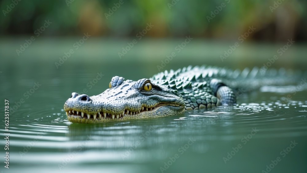 Fototapeta premium Crocodile swimming in water with a blurred green background