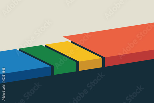 A minimalist illustration featuring stacked rectangular prisms in blue green yellow and red on a dark background