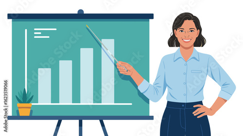 Successful Woman Presenting Business Growth Chart with Pointer in a Presentation
