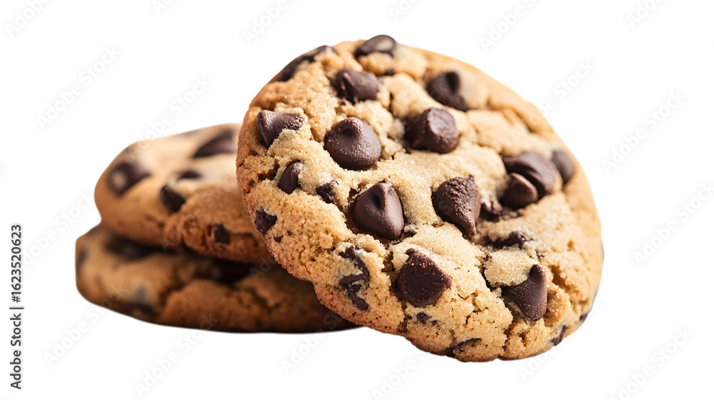 Three chocolate chip cookies stacked on top of each other Three chocolate chip cookies stacked on top of each other