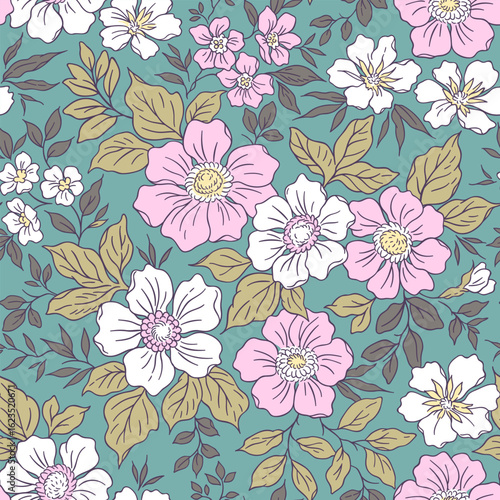 Wallpaper Mural Vintage seamless floral pattern. Liberty style background of small white and pink flowers. Small flowers scattered over a blue green background. Stock vector for printing on surfaces. Gentle flowers.
 Torontodigital.ca
