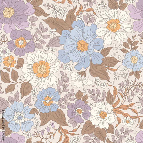 Seamless floral pattern for design. Small pastel flowers. Ivory background. Liberty floral pattern. Beautiful template for fashion prints. Flowers field vector floral pattern in soft and natural color