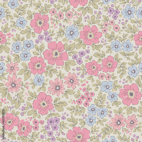 Vintage seamless floral pattern. Liberty style background of small pastel colorful flowers. Small flowers scattered over a retro beige background. Stock vector for printing on surfaces. Ditsy flowers.