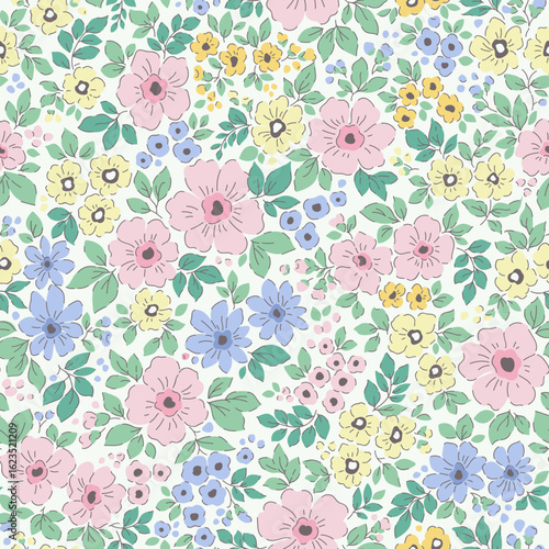  Vintage seamless floral pattern. Liberty style background of small pastel colorful flowers. Small flowers scattered over a white background. Stock vector for printing on surfaces. Retro flowers.
