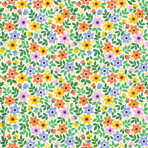 Bright seamless floral pattern. Ditsy style background of small colorful flowers. Small blooming daisy flowers scattered over a white background. Stock vector for printing on surfaces and web design.
