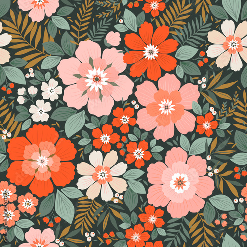 Wallpaper Mural Vintage floral background. Floral pattern with coral and red flowers on a black background. Seamless pattern for design and fashion prints. Ditsy style. Stock vector illustration. Hand drawn flowers
 Torontodigital.ca