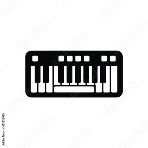 Minimalist black and white silhouette of a small electronic keyboard