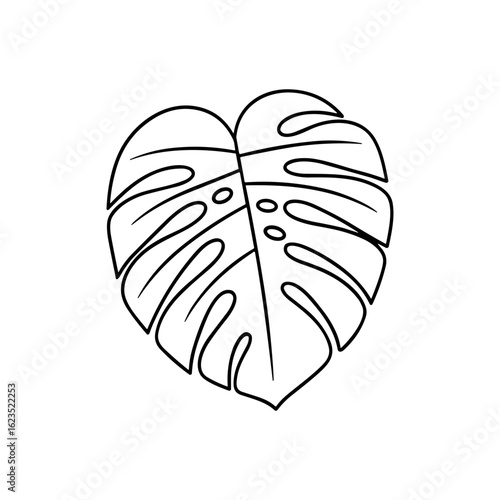 Monstera Leaf Outline A detailed black and white outline of a Monstera leaf, showcasing its iconic, heart-shaped form and unique fenestrations.