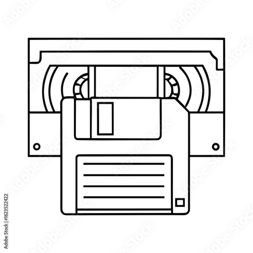 Analog and Digital An artistic, graphic outline depicts the bygone eras of information storage, showcasing the contrast between a vintage VHS tape and a classic floppy disk.