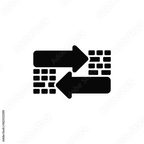 Two black arrows pointing towards brick walls silhouette