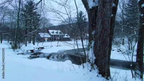 Winter scene with snow-covered river and houses