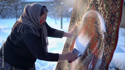Woman cleaning a rug in the snow