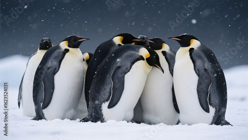 Emperor penguins huddled in falling snow during winter storm.