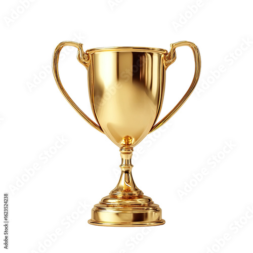 A gold trophy, isolated against a black background.  It's a classic, smooth, polished trophy cup with two handles, a wide bowl, and a substantial base.  Detailed, 3D rendering style