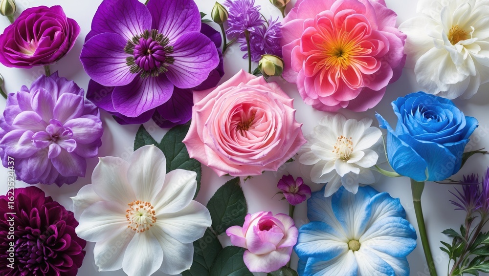 Fototapeta premium A variety of colorful roses and flowers arranged together with purple, pink, white, blue, and violet blossoms.