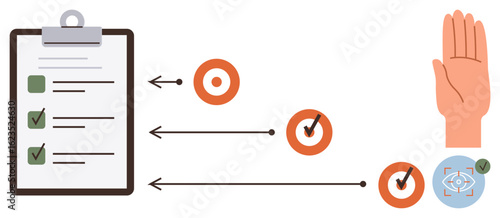 Clipboard with a checklist, arrows connecting to bullseye targets, checkmarks, and a raised hand. Ideal for task management, goal tracking, productivity, organization, prioritization workflow time
