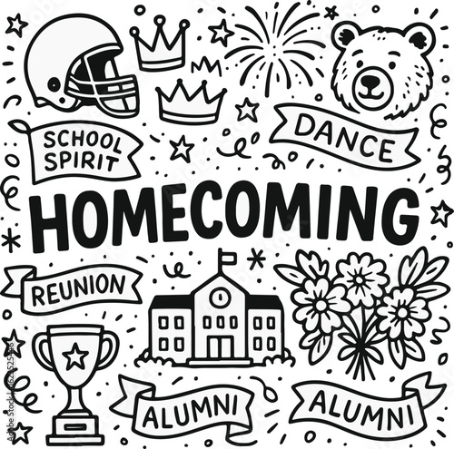Homecoming Celebration Doodle – School Spirit and Alumni Reunion Illustration

