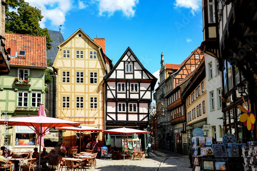 The German Harz Mountains' Old Town of Quedlinburg with half-timbered, colorful buildings. 