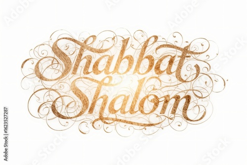Gold Shabbat Shalom calligraphy, white background, greeting card design