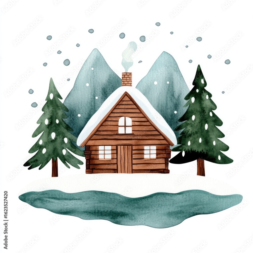 Naklejka premium Watercolor winter scene with falling snow over cozy cabin in forested mountain landscape for seasonal greeting cards