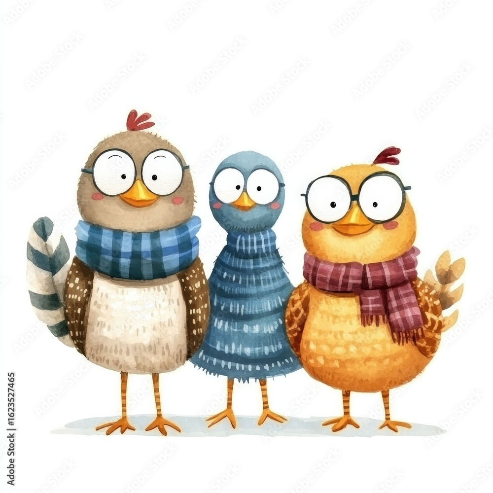Obraz premium Whimsical family of cartoon turkeys in scarves watercolor art for children's room decor and thanksgiving festivity