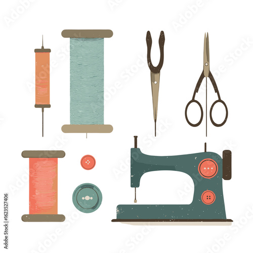 A collection of sewing tools and equipment displayed on a table.