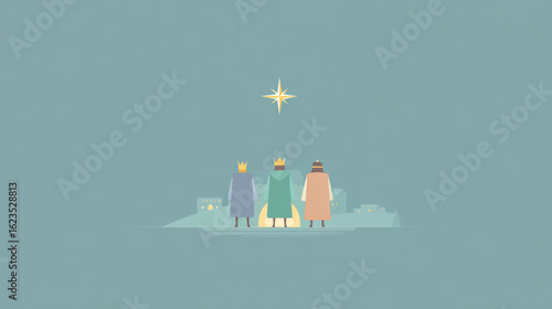 Three wise men journeying towards Bethlehem guided by the star during the Christmas season