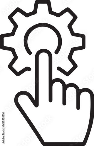 Hand pressing a button within a cogwheel symbolizing settings or configuration