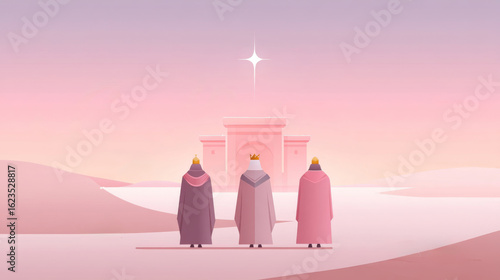 Three wise men journey towards Bethlehem under a bright star on a minimalist landscape