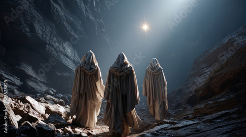 Three regal figures journeying towards the star in a cave, celebrating the arrival of Christ in Bethlehem