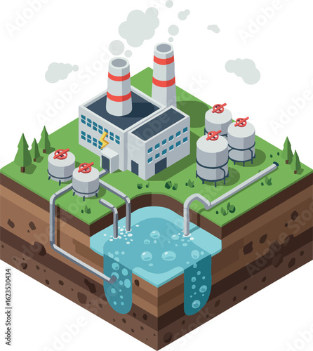 Industrial water treatment plant with tanks and pipelines processing wastewater in green environment vector illustration