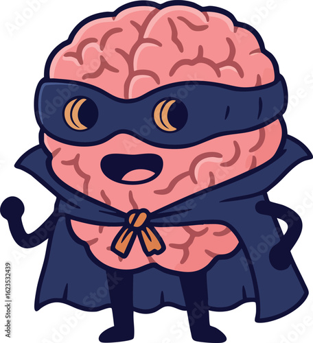 Brain superhero cartoon character wearing mask and cape for creative mental power and intelligence concept vector illustration