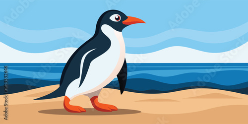 Cartoon penguin standing on a sandy beach with blue ocean and sky animal bird