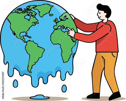 Man trying to hold melting Earth globe symbolizing climate change and environmental crisis concept vector illustration