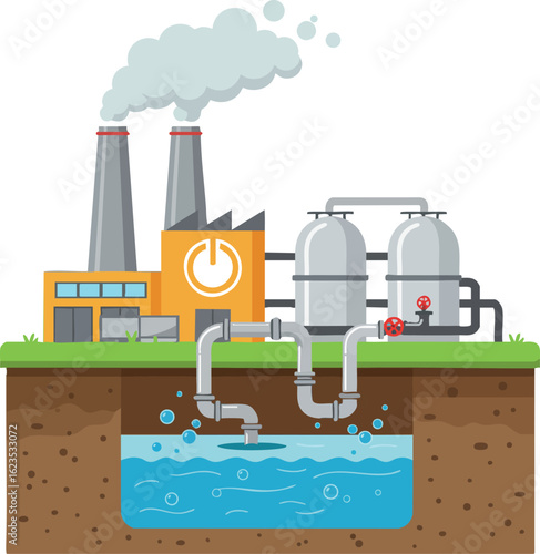Industrial water treatment plant with pipes and factory chimneys processing clean water underground vector illustration
