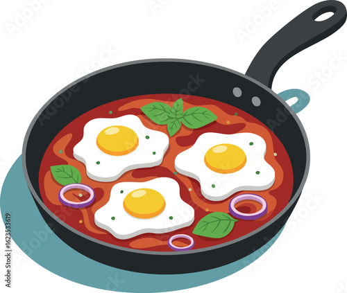 Fried eggs cooking in tomato sauce with basil and onion in black frying pan vector illustration