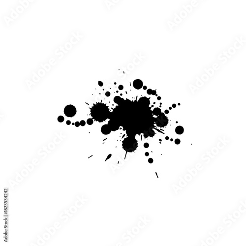 Isolated black ink splatter with droplets on a clean white background view