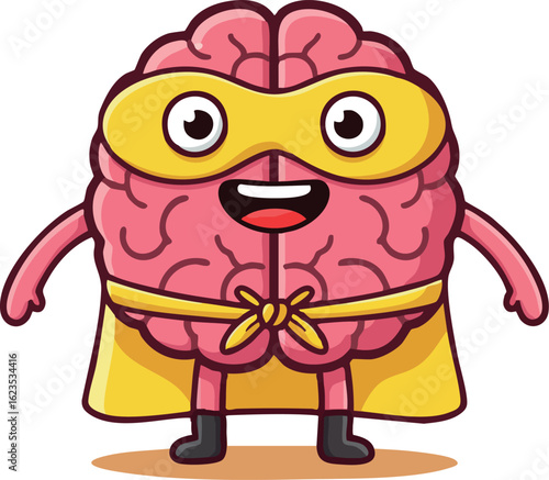 Brain superhero character with yellow cape and mask vector illustration in cartoon style for education and health awareness