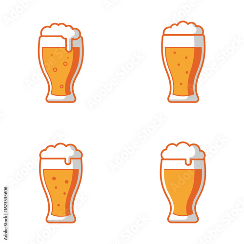 Four stylized flat design icons of beer glasses with frothy heads on colorful circular backgrounds
