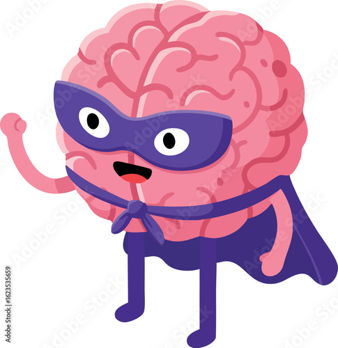 Cartoon brain superhero character with purple mask and cape showing power and confidence in vector style