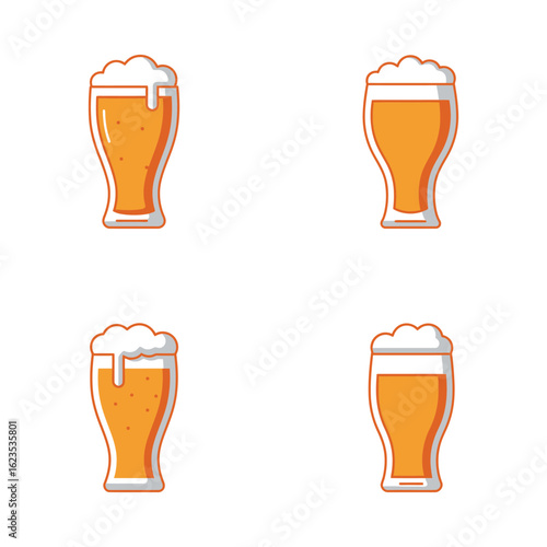 Four stylized flat design icons of beer glasses with frothy heads on colorful circular backgrounds