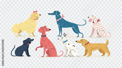 A diverse group of seven dogs of various breeds and colors sitting and standing together